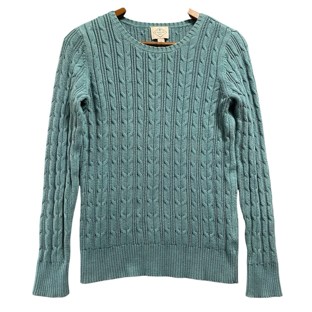 St. Johns Bay Cable Knit Sweater Womens Medium Teal‎ V-Neck Preppy Holiday